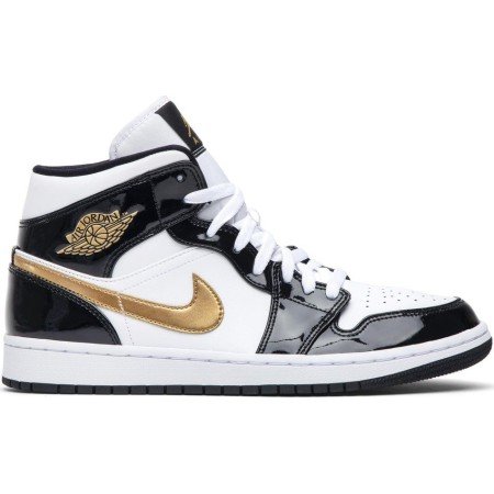 Jordan 1 Mid Patent Black White Gold