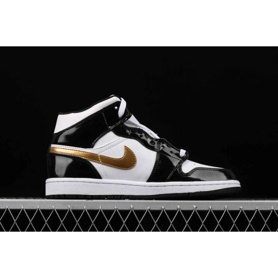 Jordan 1 Mid Patent Black White Gold