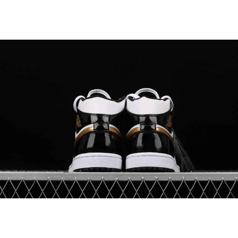 Jordan 1 Mid Patent Black White Gold