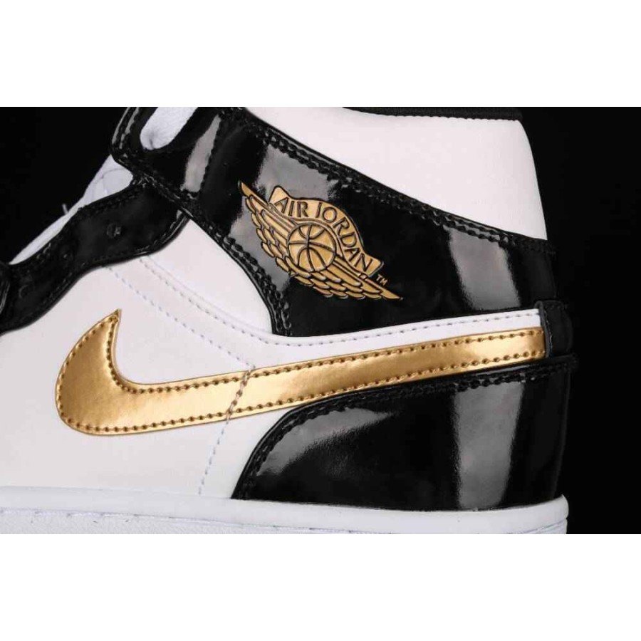 Jordan 1 Mid Patent Black White Gold